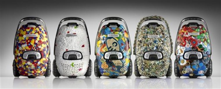 These vacuum cleaners are made with plastic trash from different parts of the world. Represented, from left, are the North Sea, the Indian Ocean, the Mediterranean Sea, the Pacific Ocean and the Baltic Sea. 